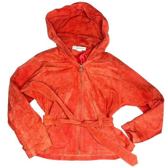 John Murrough Vintage 80s Suede Leather Orange O-Ring Zip Up Hooded Jacket Small - Picture 1 of 14